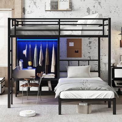 Full XL Over Twin Bunk Bed with Folding Desk for Kids, Heavy Duty Metal Bed Frame w/ LED Closet & Safety Guardrails, Noise Free