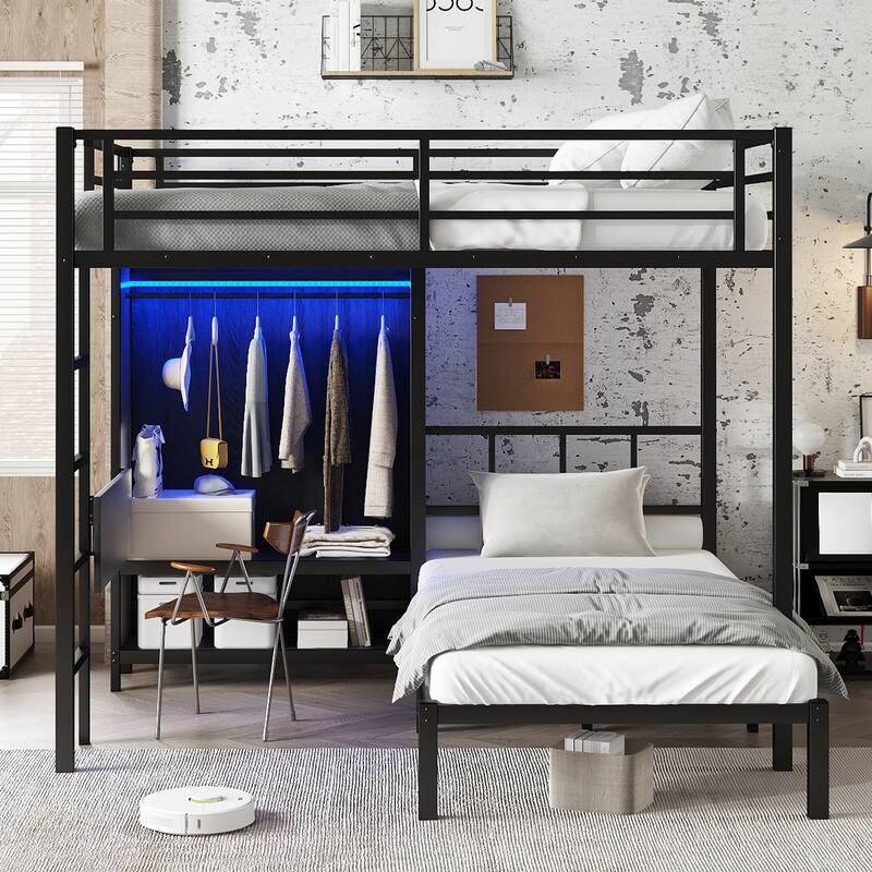 Roomfitters Full XL over Twin Metal Bunk Bed with Folding Desk, Built-in Closet & LED Lighting, Space-Saving Frame, Black