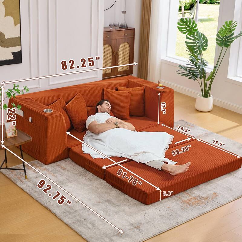 2 in 1 Convertible Sofa Bed, Sleeper Sofa with Storage Pockets, Pull Out Loveseat Couch with Two Cup Holders