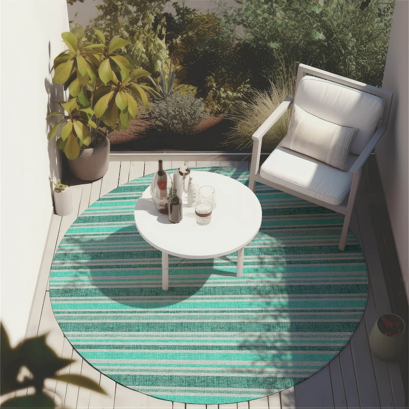 Machine Washable Indoor/ Outdoor Thin Cabana Stripe Chantille Rug - Turquoise - 8' x 8'