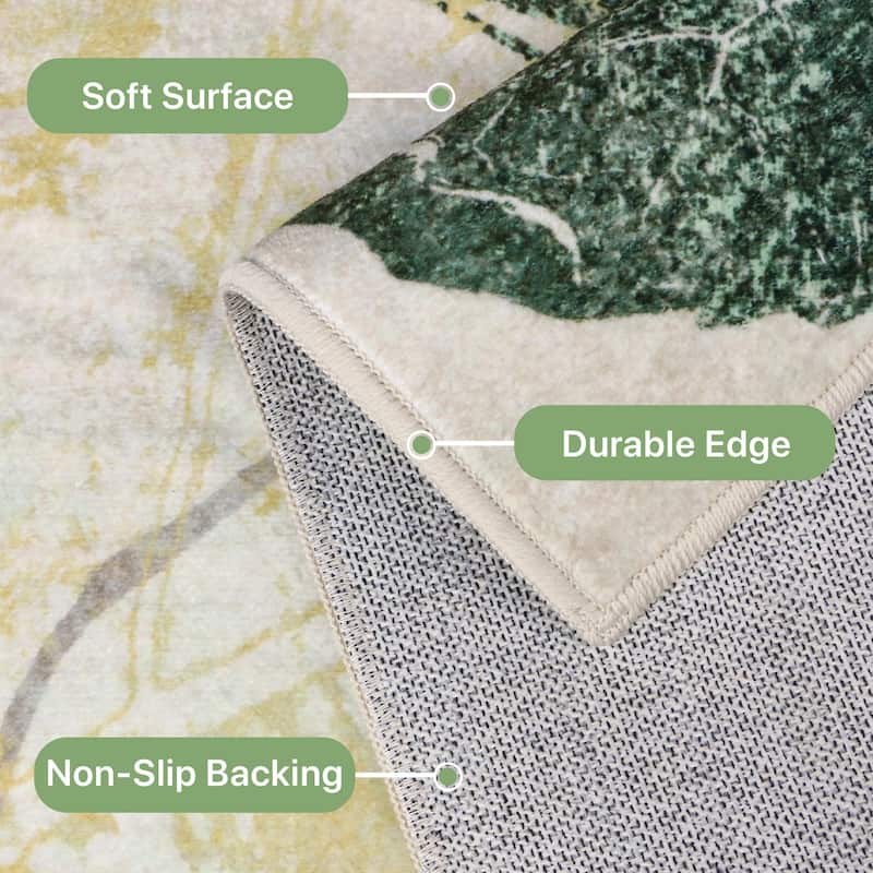 Mcow Leaf Collection Botanical Print Low-Pile Washable Area Rug - Green - 2' x 10' - Runner