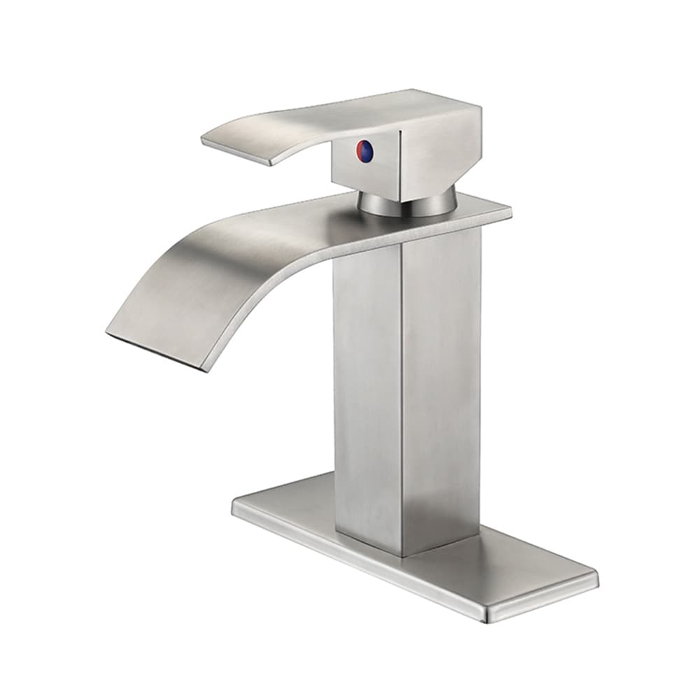 Brushed Nickel Singel Handle Basin Faucet Waterfall Sink Mixer Tap W/Cover Plate 