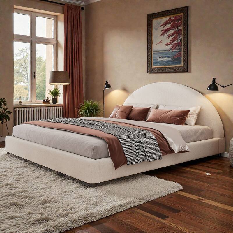 Twin/Queen/King Boucle Upholstered Bed Frame with Curved Half-Round Headboard, Platform Design, No Box Spring Needed