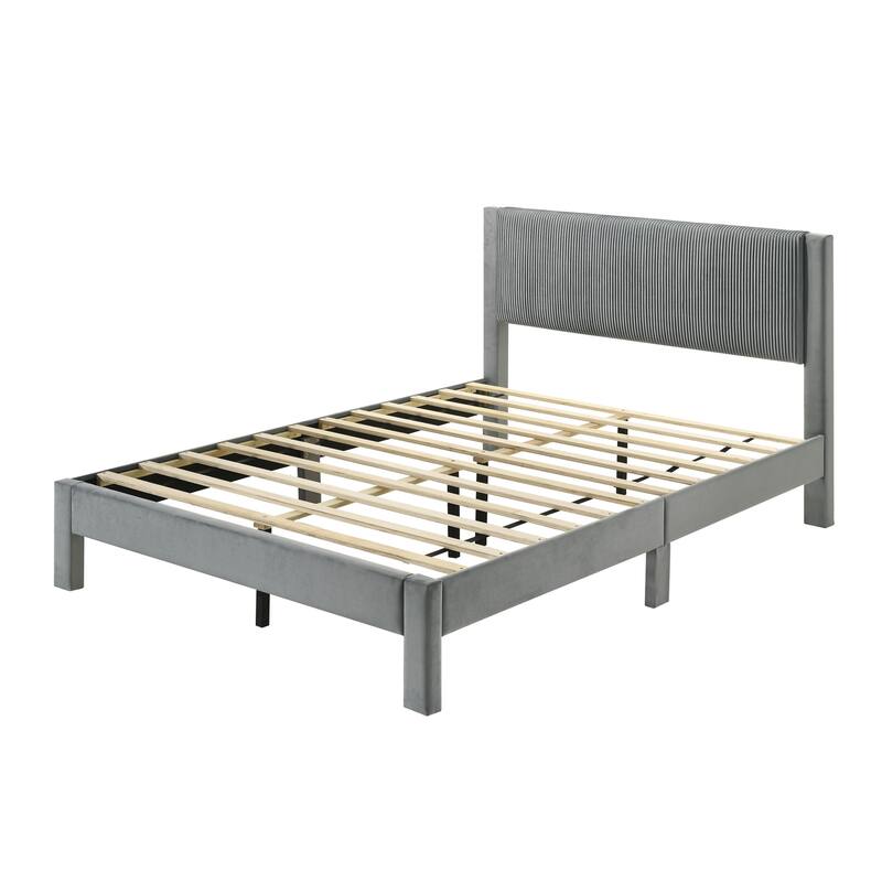 Full Size Upholstered Platform Bed with Ribbed Headboard and Low-Profile Frame