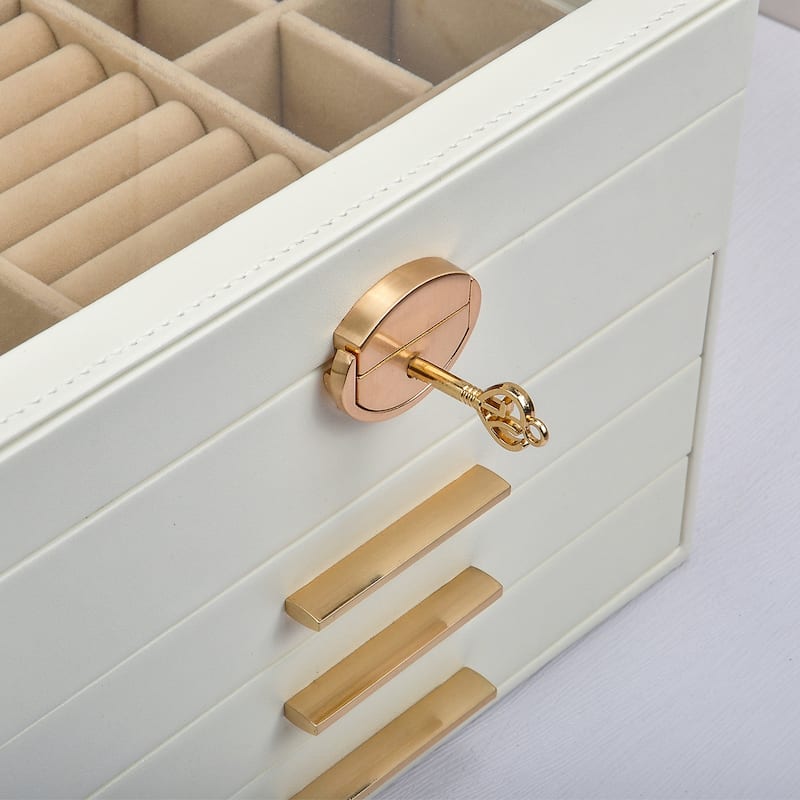 Modern White 4-Layer Jewelry Box with Glass Lid Jewelry Organizer with 3-Drawer - N/A