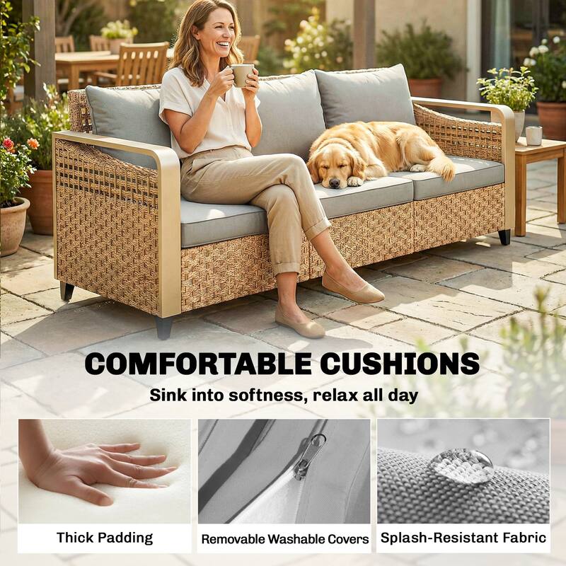 Outsunny Outdoor Patio Couch with Wide and Deep Seat, 3 Seater Wicker Outdoor Sofa with Wide Metal Armrests