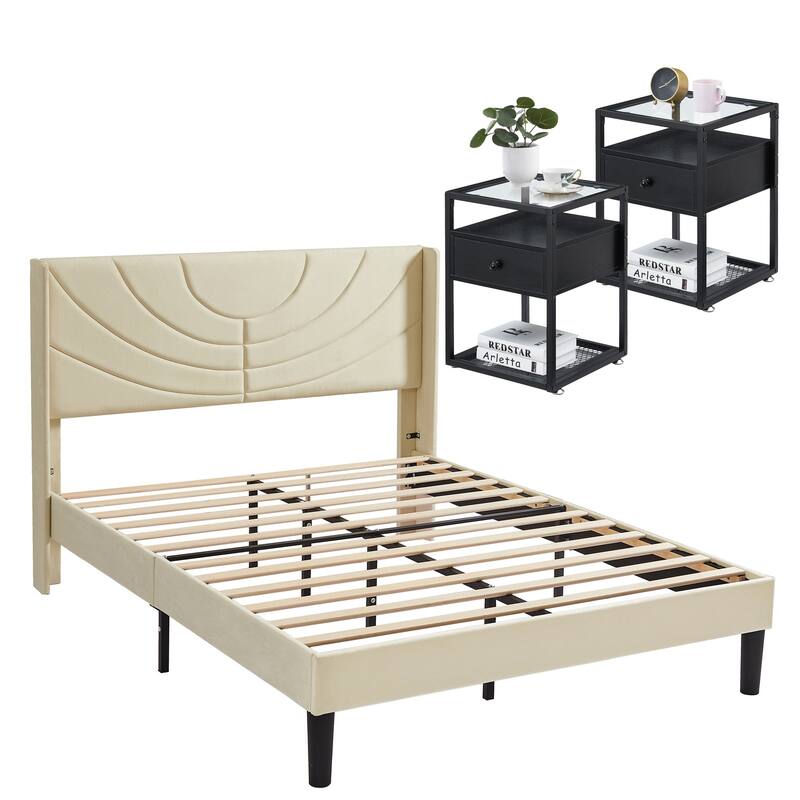 Bedroom Sets, 3-pieces Bedroom Set with Height Adjustable Upholstered Bed and Nightstands Set of 2-VECELO, 15 Style Options