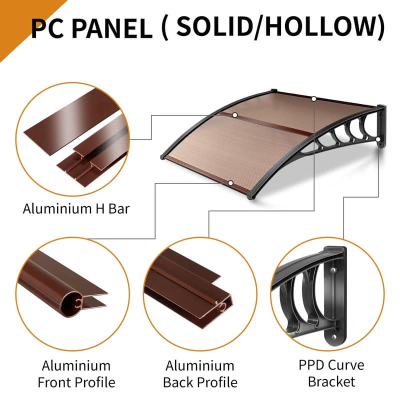 Patio Door Window Awning Canopy, Front Door Outdoor Patio Awning Canopy (40 x 35.4, Brown Canopy Black Bracket)