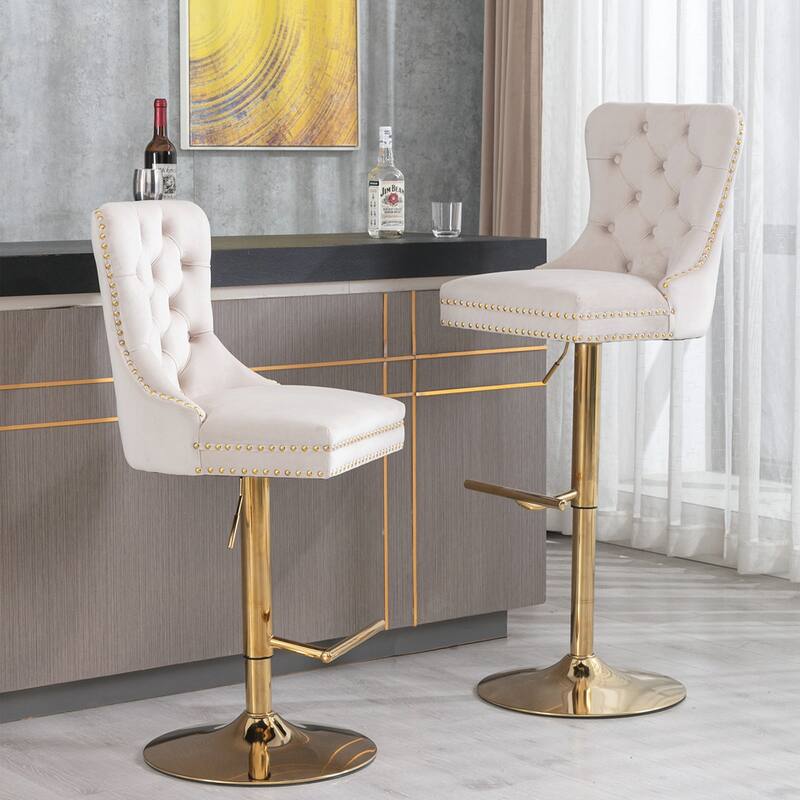 2PCS Tufted Swivel Velvet Bar Stool With Gold Legs - Beige