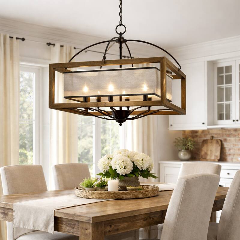 6 Bulb Square Chandelier with Wooden Frame and Organza Striped Shade, Brown