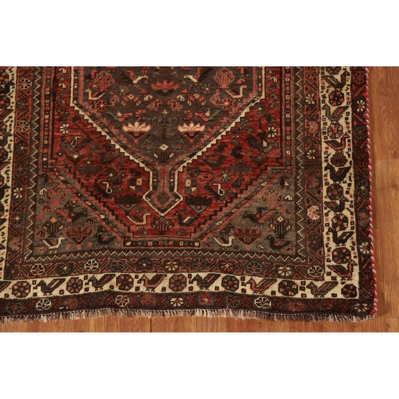 Hand-knotted Qashqai Persian Vintage Area Rug Grey Wool Carpet - 3'9"x 5'6"
