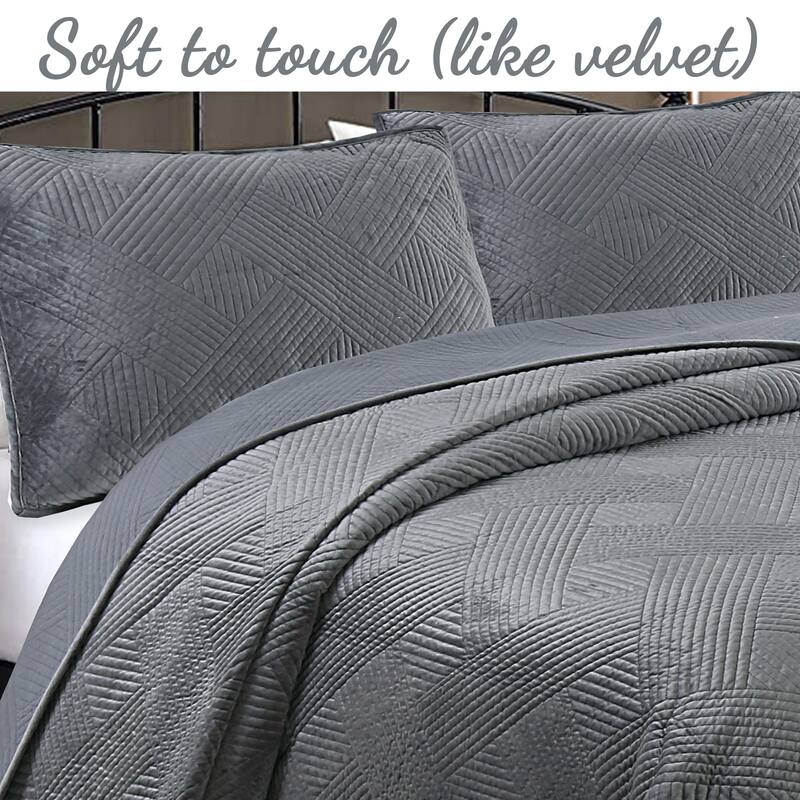 Cozy Line Soft Velvet Basket Weave Stripe Solid Poly Cotton Quilt Bedding Set