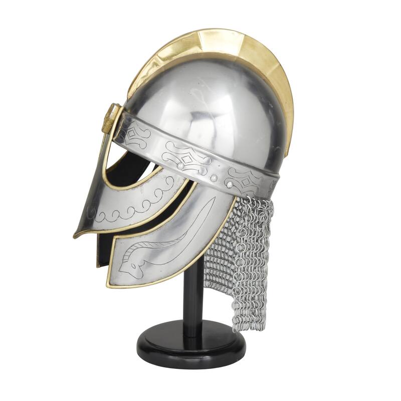 Metal Replica Medieval Knight Crusader Helmet with Black Wood Stand and Chainmail - Silver - Roche River Decor