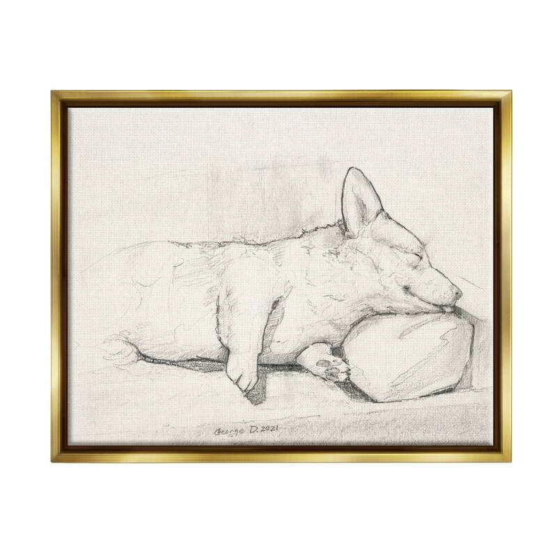Stupell Corgi Dog Lolling Tongue Graphite Pencil Sketch Floater Frame, Design by George Dyachenko - 30 x 24 - Gold