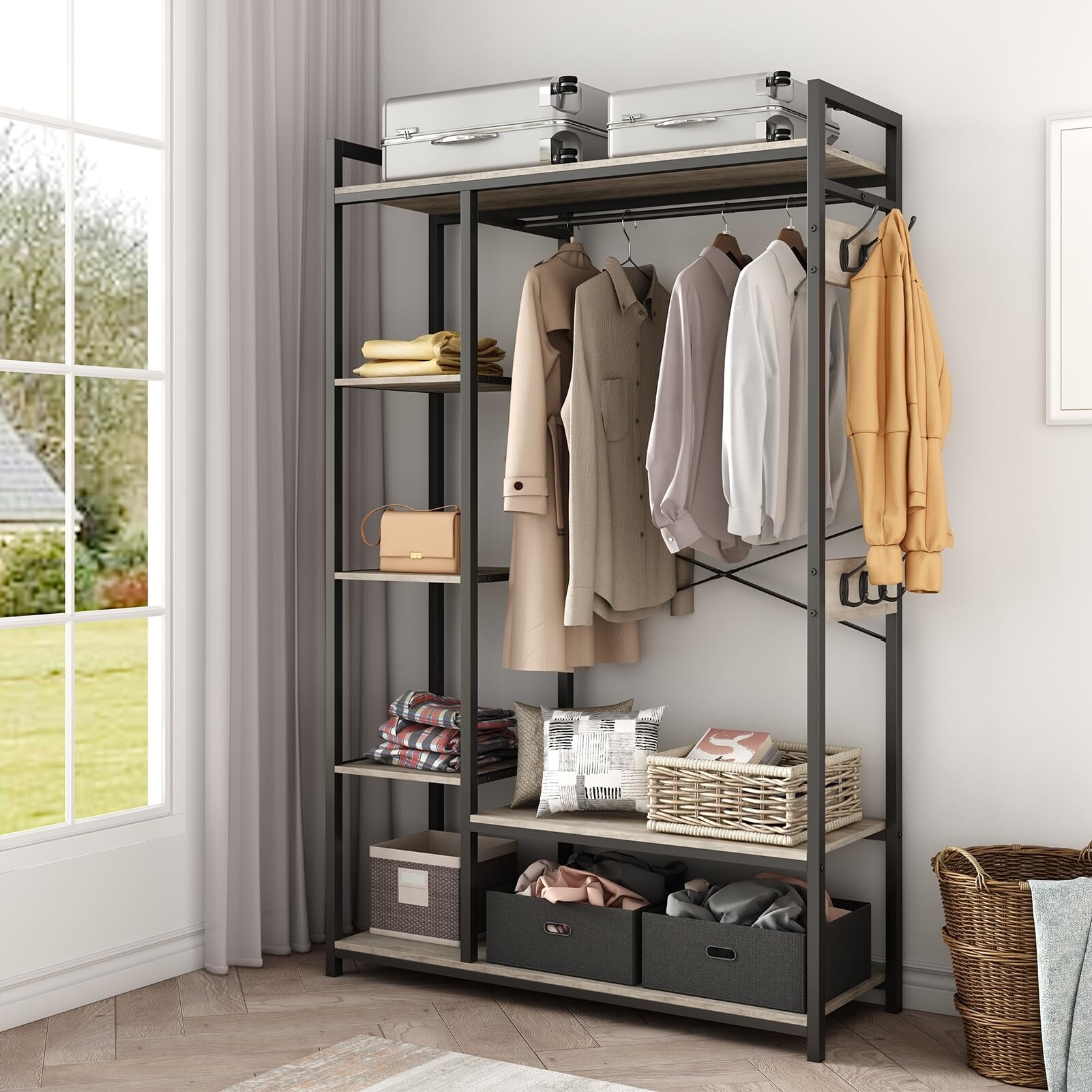 Hanger Organizer SKYSHALO Sturdy Apparel Organizer, Mobile Garment Hanger Four Rods Eight Shelving Levels Tailorable Closet Stand Independent Dress Hanging Solution Su Clothes Rack
