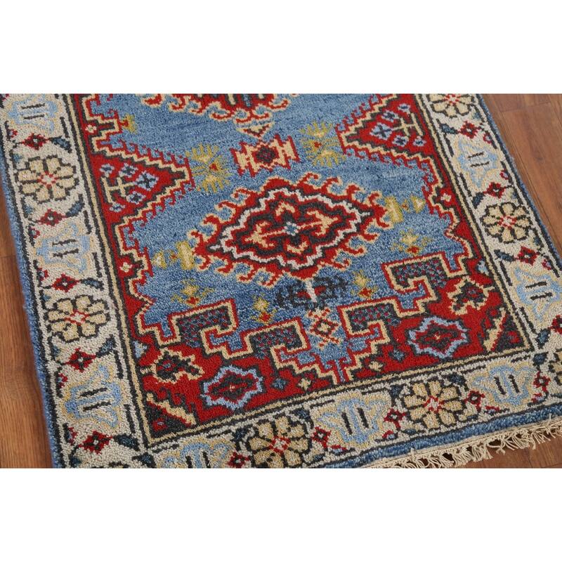 Light Blue Geometric Viss Oriental Runner Rug Hand-Knotted Wool Carpet - 2'6"x 7'9"