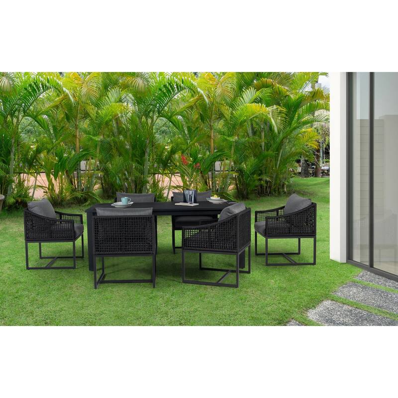 Sardinia Outdoor Aluminum Dining Table and 6 Chairs Set - Black - Slope Arm