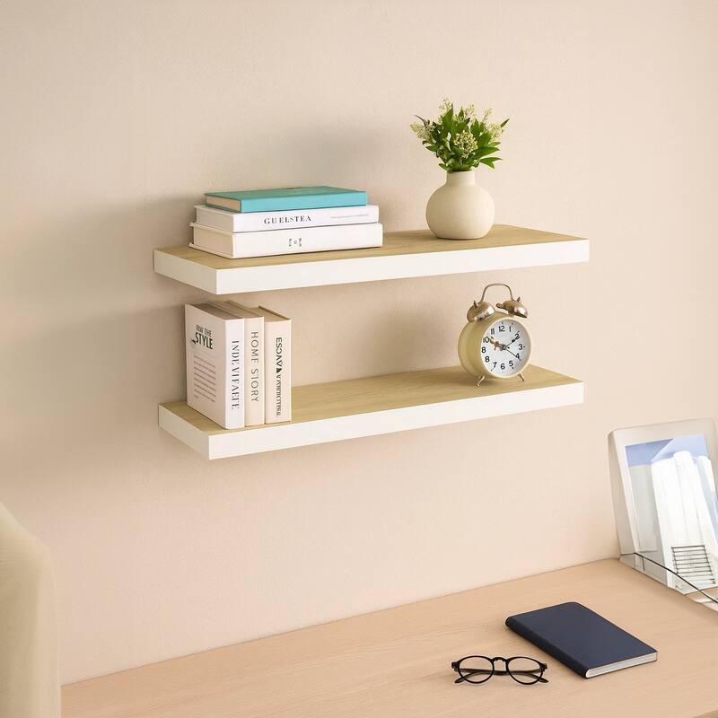 Zyno Wall Shelf Set of 2, 32 Inch Natural White and Oak Brown Finish
