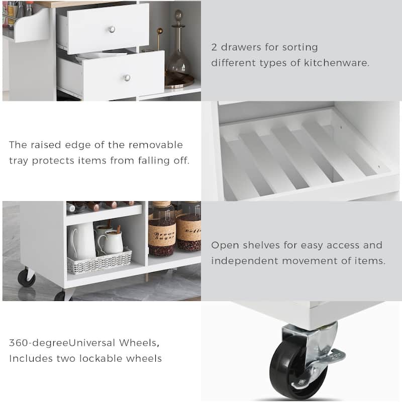 41.3 in. W Kitchen Island Rubberwood Top on 4 Wheels with 2 Drawers and Large Storage Cabinet