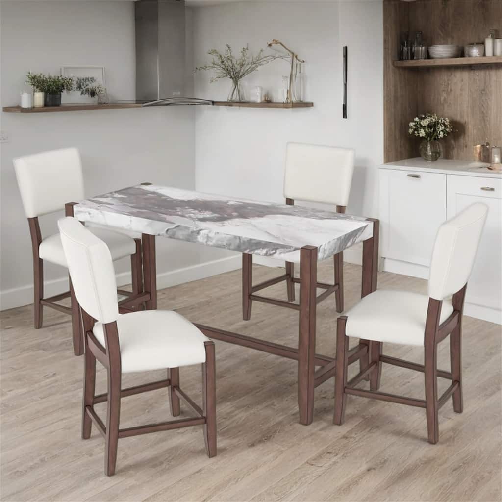 5 Piece Faux Marble Dining Table Set with 4 Upholstered Chairs