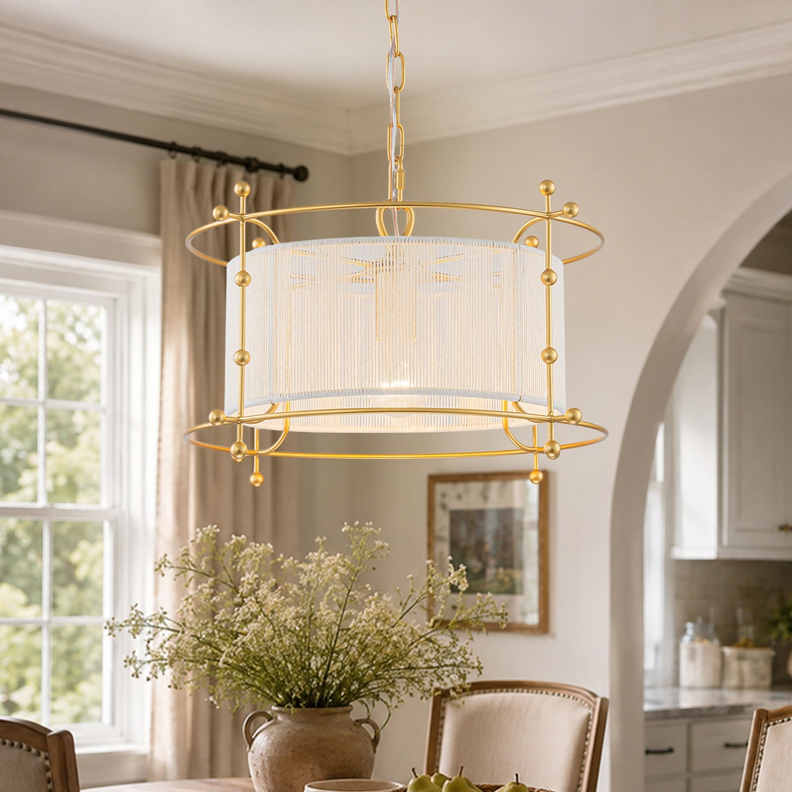Modern Cylinder Pendant Light White Fabric Shade Kitchen Island - Dia.16.93inch