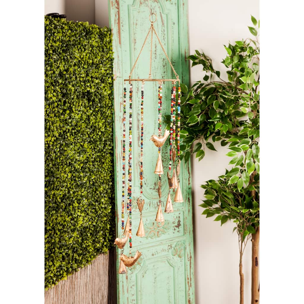 Gold Metal Indoor Outdoor Bird Windchime with Glass Beads and Cone Bells - 7 x 7 x 26