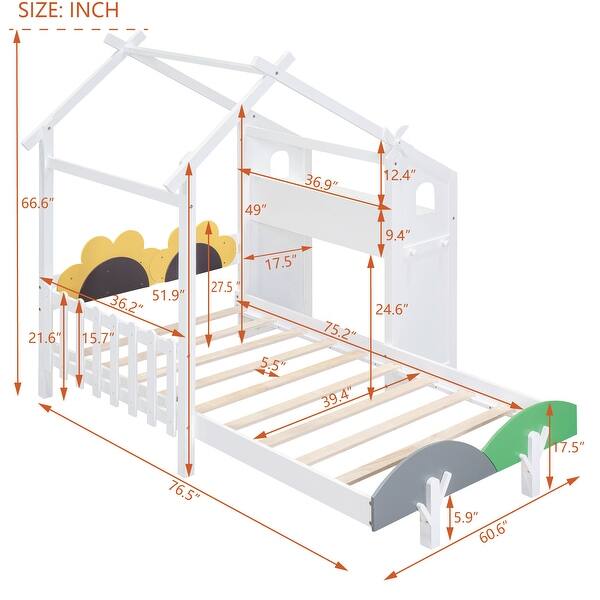 dimension image slide 2 of 3, Twin Platform Bed with Windmill, Flower Decor & Desk - House Bed Style
