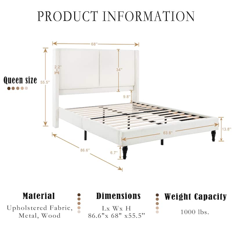 Queen Size Upholstered Bed Frame with High Back Headboard, Boucle Fabric, Solid Wood Legs, No Box Spring Needed