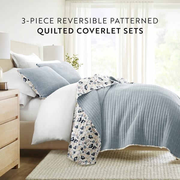 Ensemble De Couette Réversible Queen Size 3 Pièces – Motif Floral Bleu Botanique – Microfibre Tout Doux