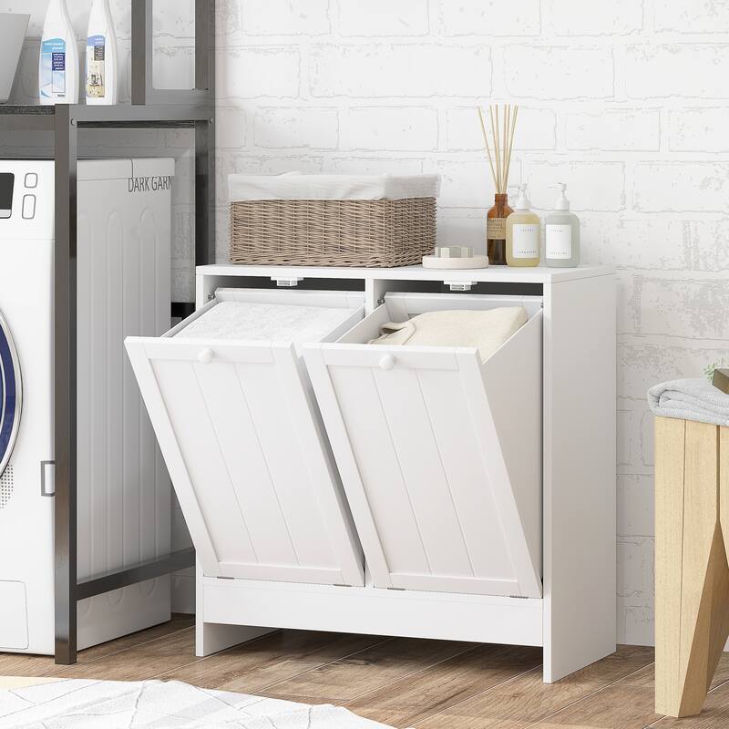 White Hidden Laundry Hamper Cabinet with Two Tilt Out Compartments Solid MDF and Particleboard - 26" W x 13" D x 26.75" H