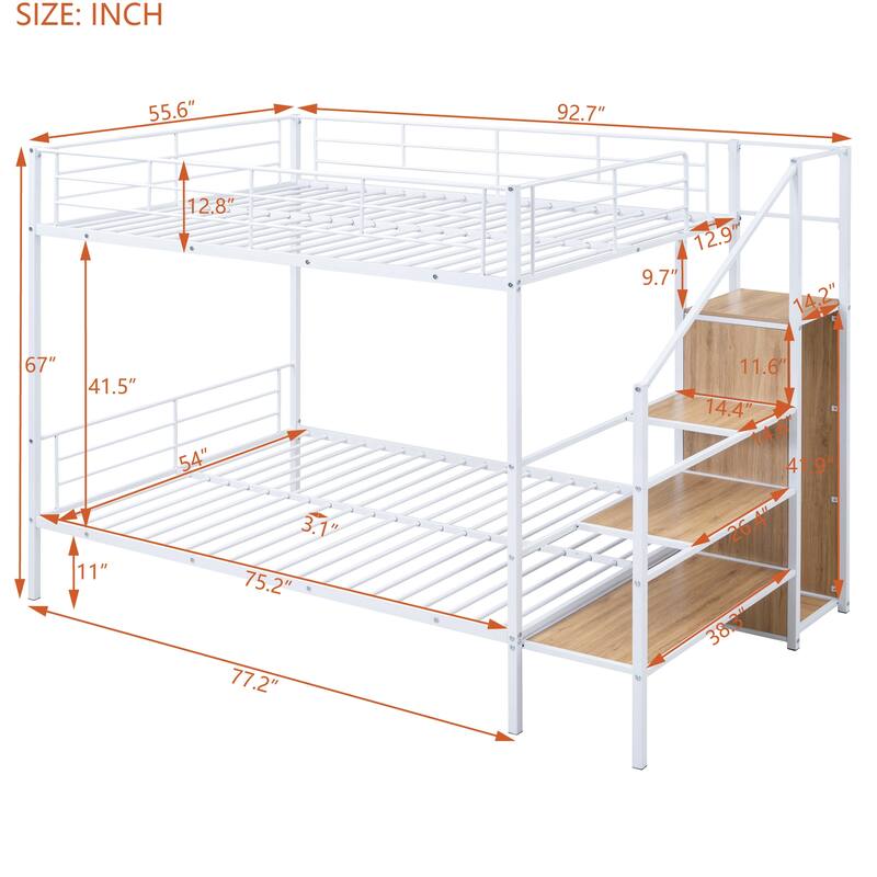 Metal Bunk Bed with Storage Ladder & Wardrobe