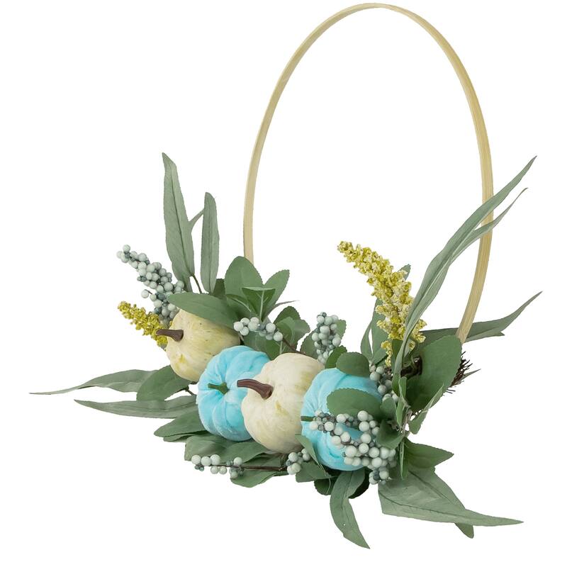 Blue Pumpkins and Foliage Fall Harvest Artificial Half Wreath 20-Inch - 20"
