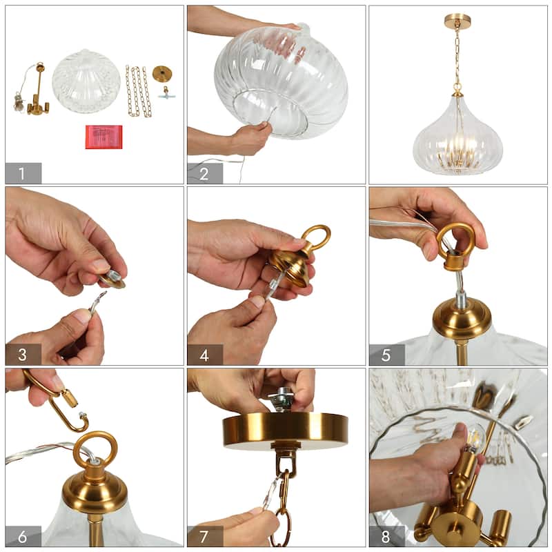 Modern Glam 3-Lights Chandelier Brass Gold Large Pendant with Pumpkin-Shade Clear Ribbed Glass Chandelier for Dining Room