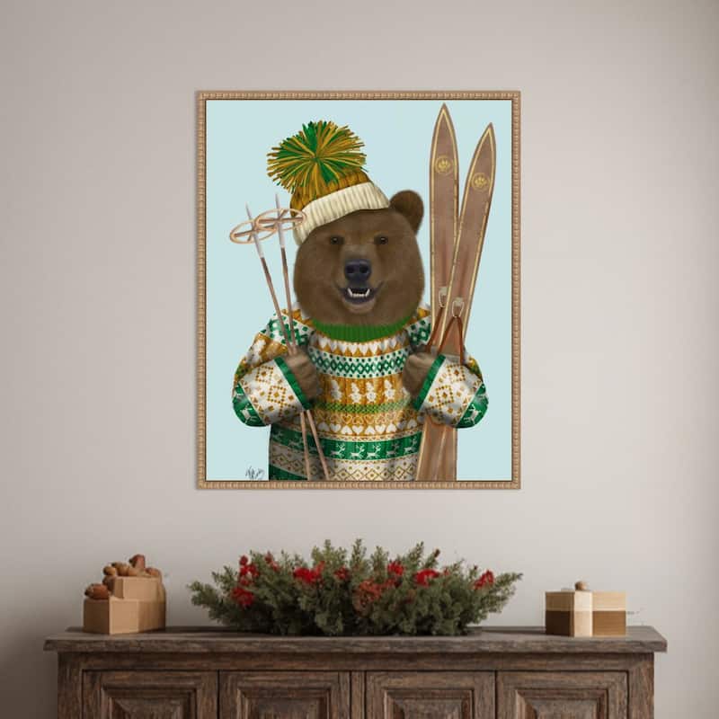 Bear in Christmas Sweater by Fab Funky (23 x 28 in.), Framed Canvas Wall Art Print - Sylvie Beaded Rustic Natural