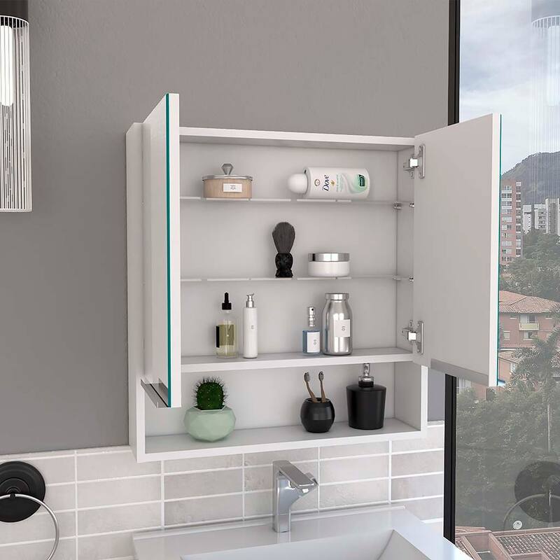 Medicine Cabinet with Mirror, Two Doors and Three Shelves, Light Gray Finish, Bathroom Storage Cabinet - 23.6X5.5 in - White + Particle Board
