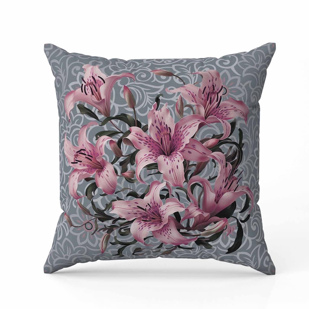 Enchanted Lily Affair Indoor/Outdoor Reversible Throw Pillow Grey and Pink