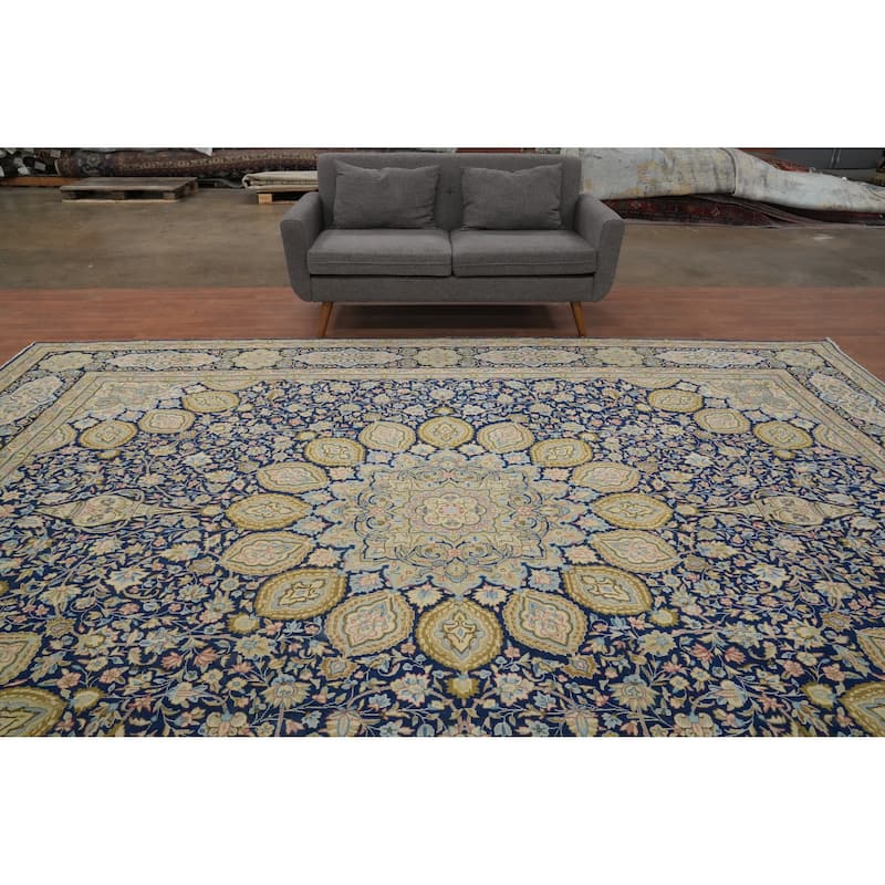 Hand Knotted Oriental 100% Wool Carpet Traditional Floral Navy Blue & Blues Kerman Area Rug - 13' 4'' X 10' 0''