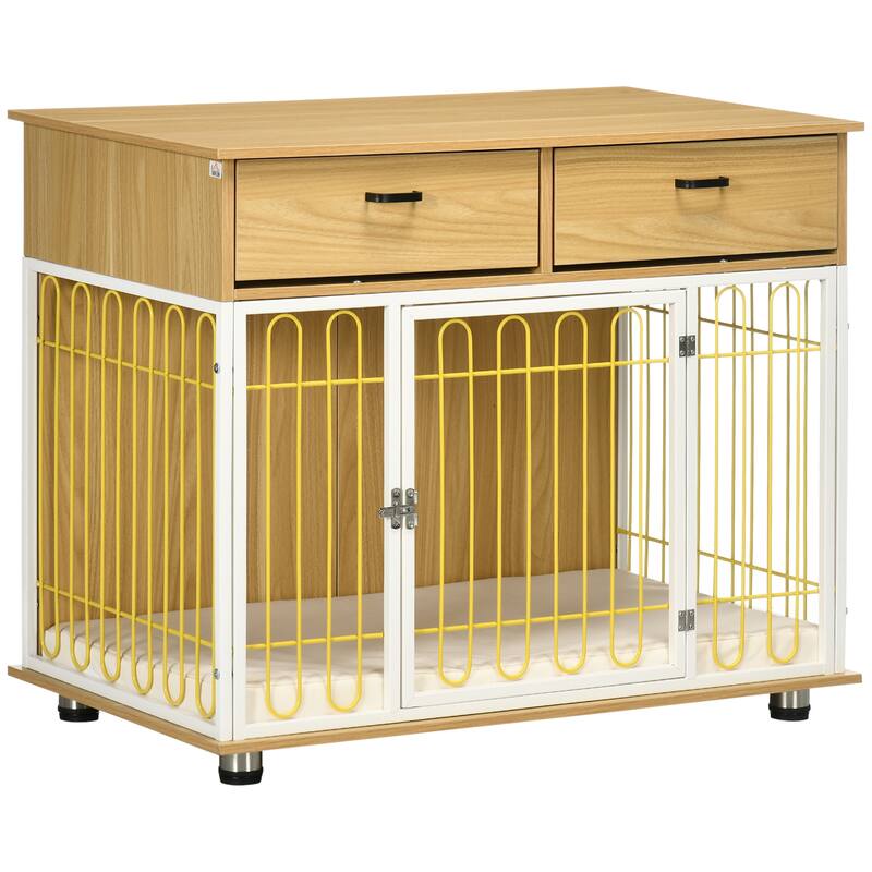 PawHut Dog Crate Furniture with 2 Drawers, Furniture Style Dog Crate End Table Indoor with Soft Cushion, Door for Medium Dogs - Yellow - Steel - Assembly Required
