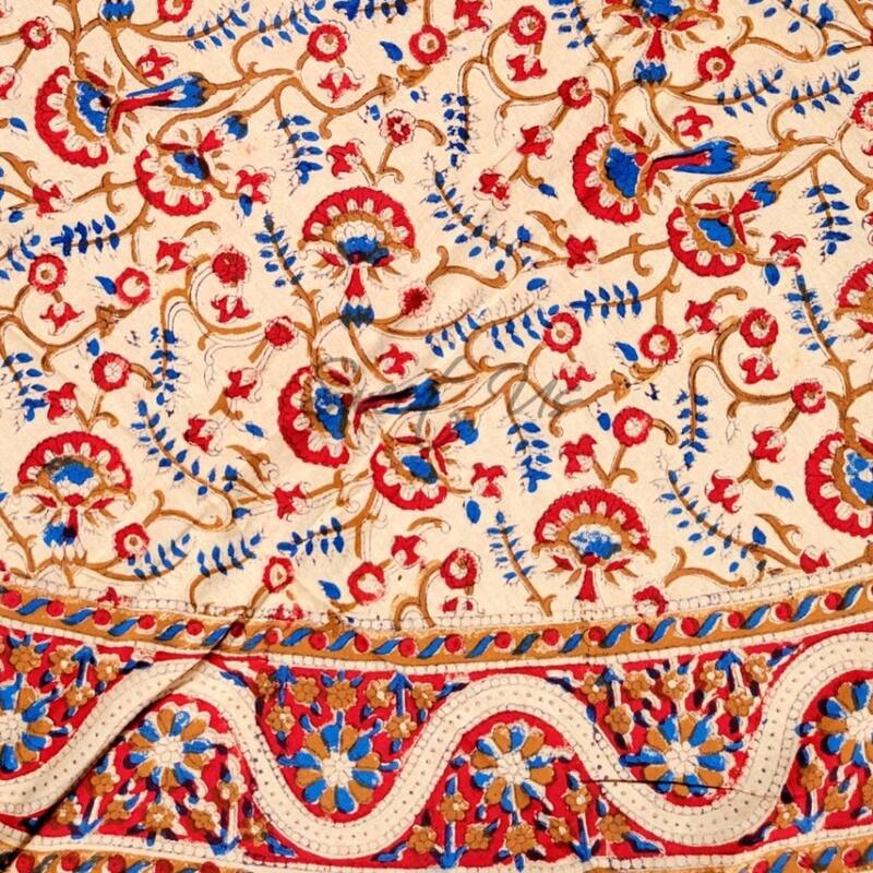 Block Print Tablecloth Round, Floral Paisley Elephants, Gold - Paisley Elephant, Blue Gold Red