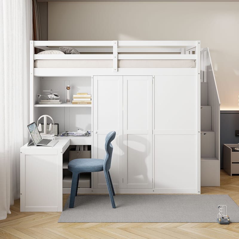 Full Size Bunk Bed with Wardrobe, Desk, and Shelves for Kids