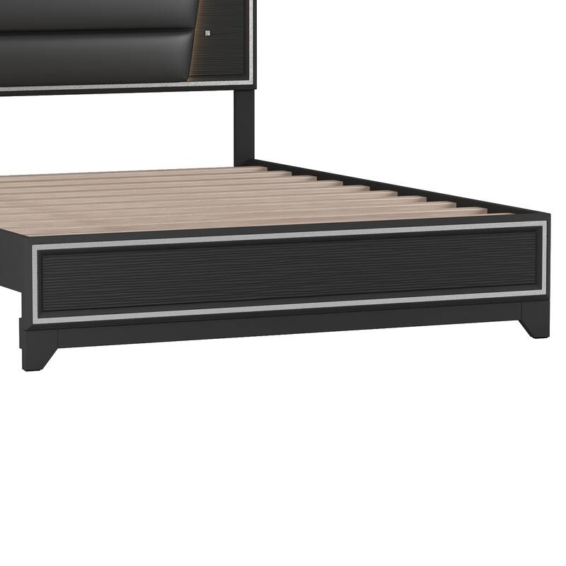 Modern Queen Bed with Sparkling Headboard & LED Light Strips, Platform Design