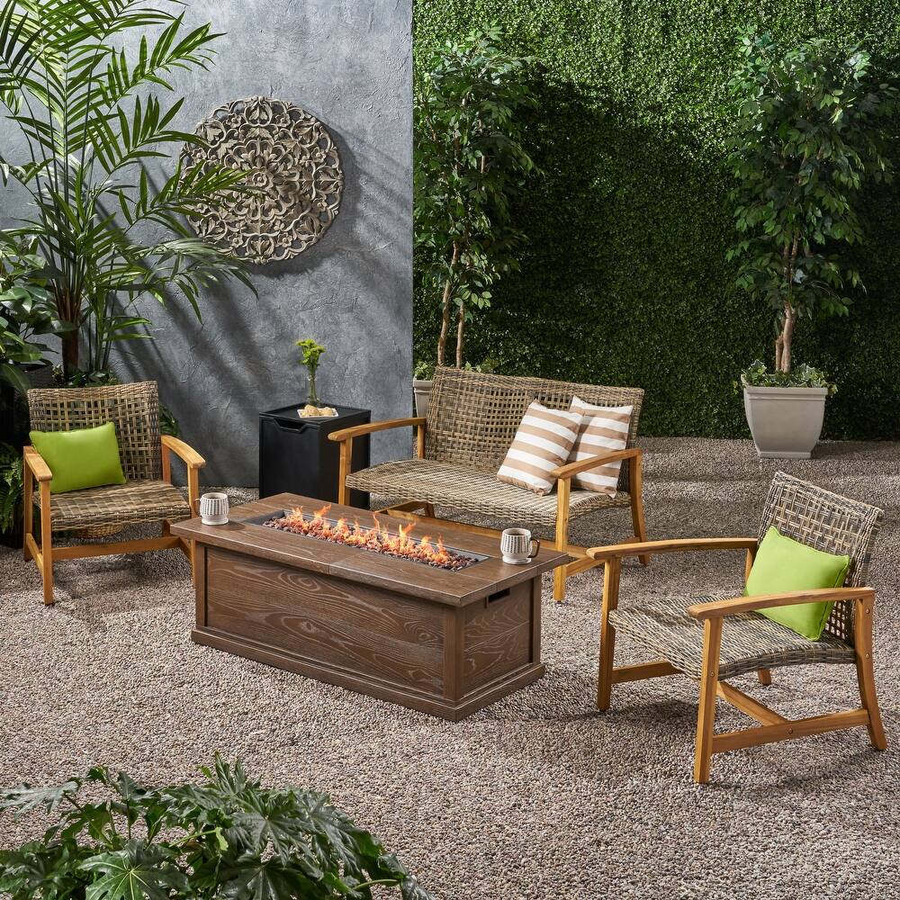 Breakwater Outdoor 5 Piece Wood and Wicker Chat Set with Fire Pit by Christopher Knight Home