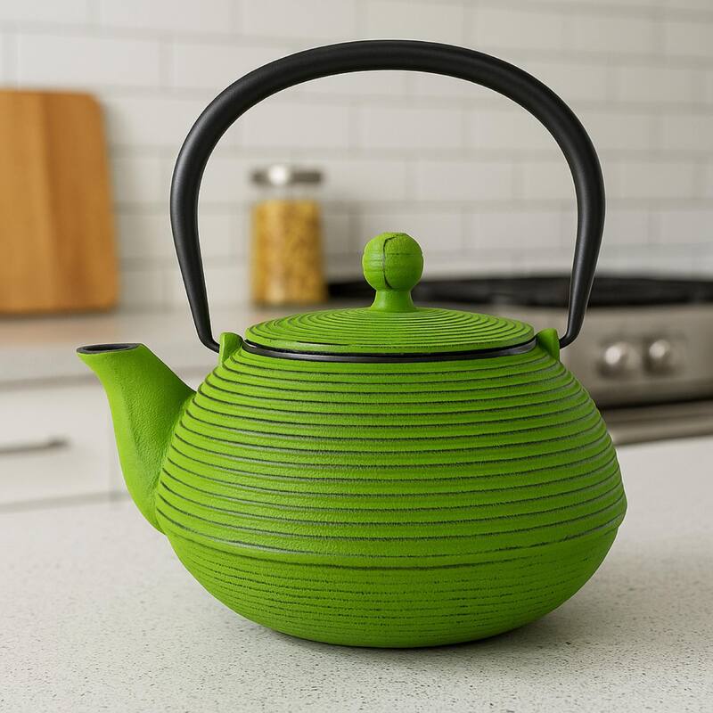 Creative Home Kyusu 20 oz Cast Iron Tea Pot Tea Kettle with Removable Stainless Steel Infuser Basket, Green