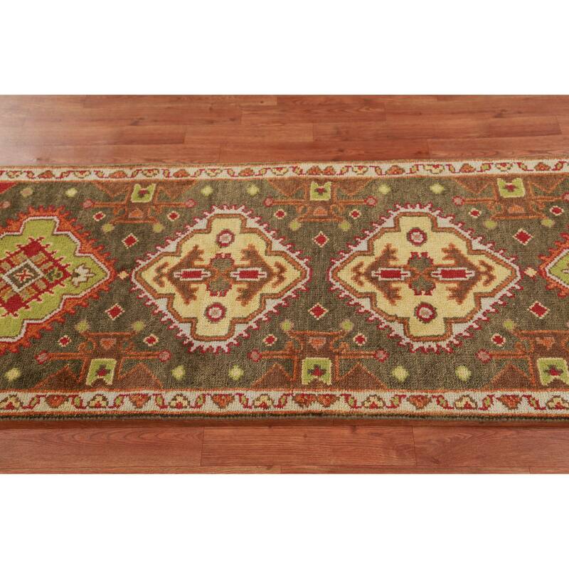 Hand Knotted Oriental 100% Wool Carpet Traditional Geometric Green Kazak Runner Rug - 9' 9'' X 2' 6''
