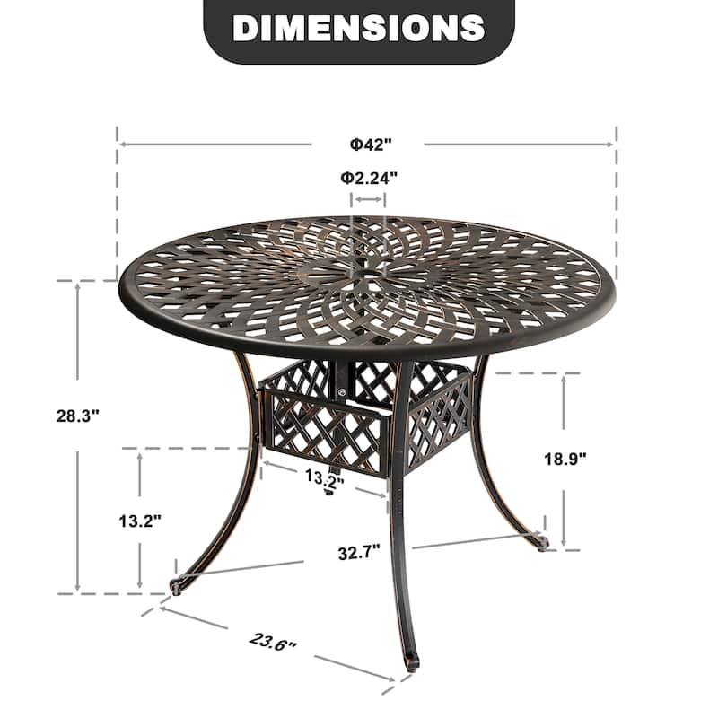 Nuu Garden Outdoor Round Cast Aluminum Dining Table with 2.24'' Umbrella Hole