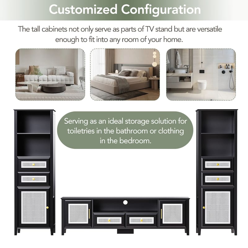 Black Rattan TV Stand Sets with TV Console and 2 Tall Cabinets - 102.10" x 15.70" x 63.00"