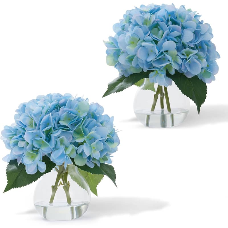 2 Pack Artificial Hydrangea Flowers in Glass Vase with Faux Water for Home Decor - 2 pcs - Blue