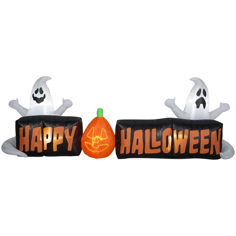 Gemmy Lightshow Airblown Micro Lights Sign Happy Halloween w/Ghosts and JOL Scene (White), 3 ft Tall