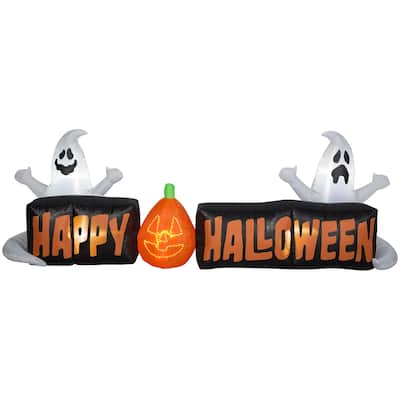 Gemmy Lightshow Airblown Micro Lights Sign Happy Halloween w/Ghosts and JOL Scene (White), 3 ft Tall