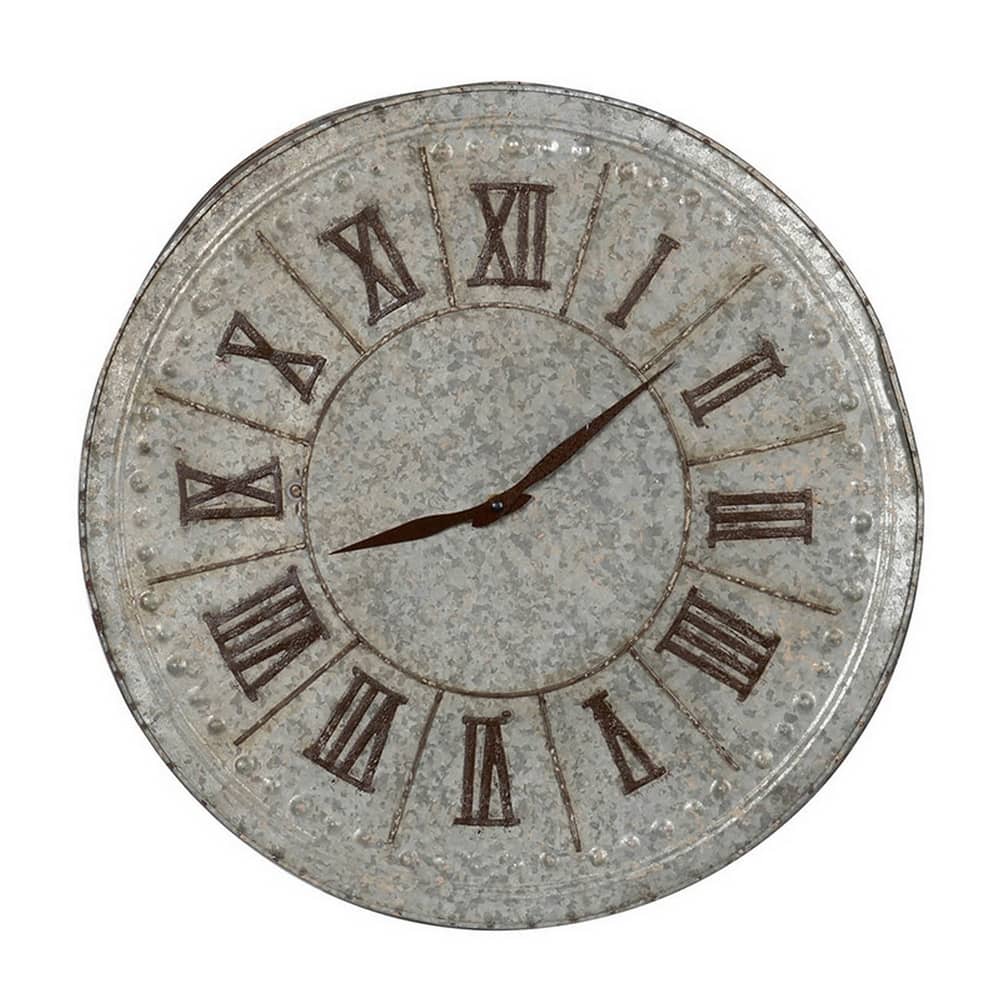 20 Inch Classic Round Wall Clock, Metal, Roman Numerals, Vintage Gray